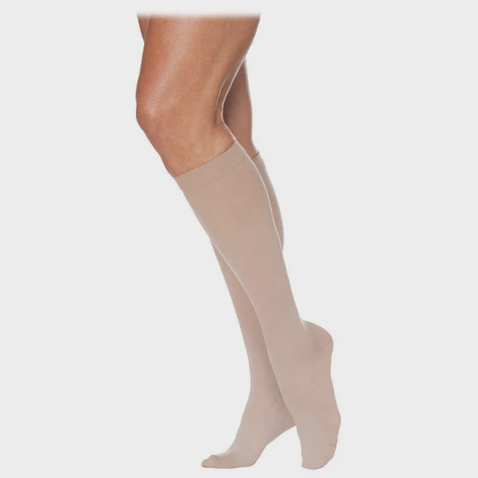 782CSSO34 - Sigvaris Style Sheer, Length / Style: Calf Compression Level: 20-30mmHg Size: SS - Small Short Gender: Open Toe Color: Warm Sand